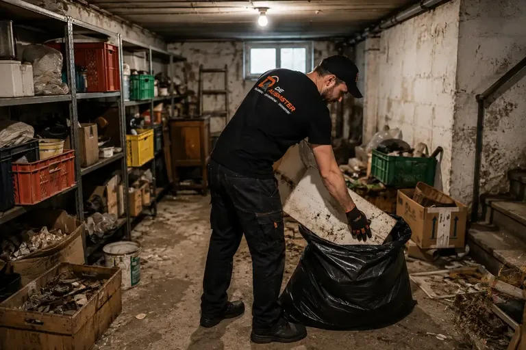 Mitarbeiter der Ausmister räumt einen vollgestellten Kellerraum aus