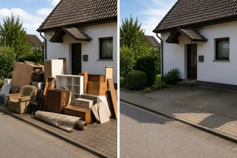 Sperrmüll aus einem Einfamilienhaus vor der Einfahrt gestapelt, daneben dieselbe Einfahrt geräumt und gekehrt