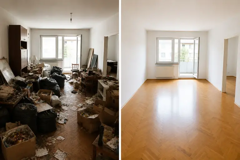 Wohnzimmer vor der Räumung voller Müllsäcke und Kartons, daneben derselbe Raum leer und besenrein